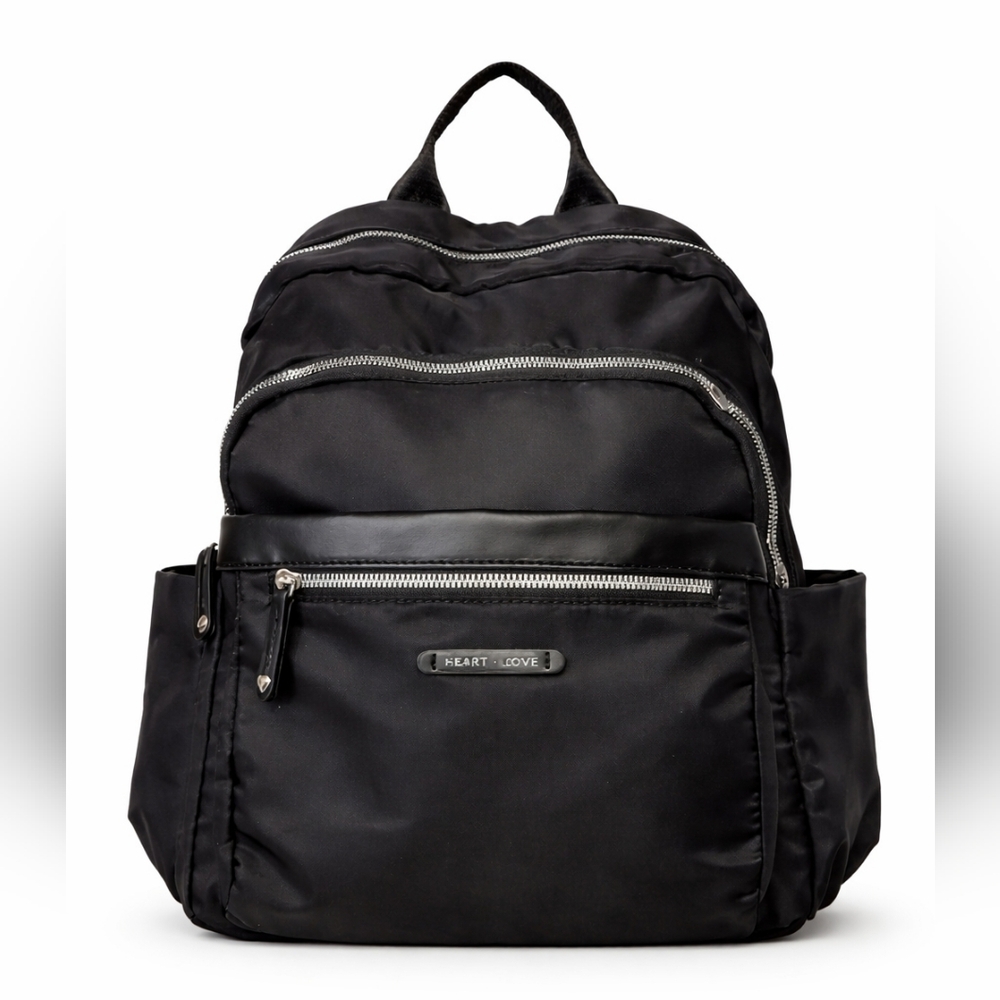 Heart Love Backpack Womens M Black Nylon Faux Leather Zip Organizer Pouch New